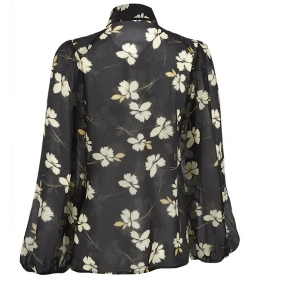 CAbi Cosmo Blouse Black Floral Chiffon Sheer Button Front Top 4159 Size Large - Picture 7 of 13
